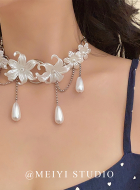 伴亩花棠法式宫廷鸢尾珍珠锁骨链