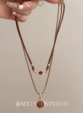 复古美拉德色系镶钻虎眼石吊坠锁骨链叠戴高级感百搭时髦配饰项链