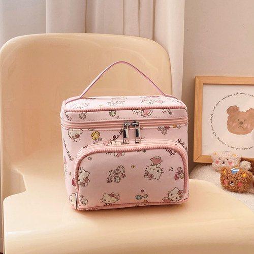 正版HelloKitty化妆包凯蒂猫手提大容量便携式护肤化妆品收纳盒箱 - 图2