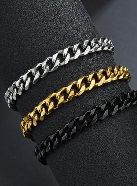 Temu 跨境新款 男女士手链不锈钢钛钢嘻哈手链银色六面磨古巴手链