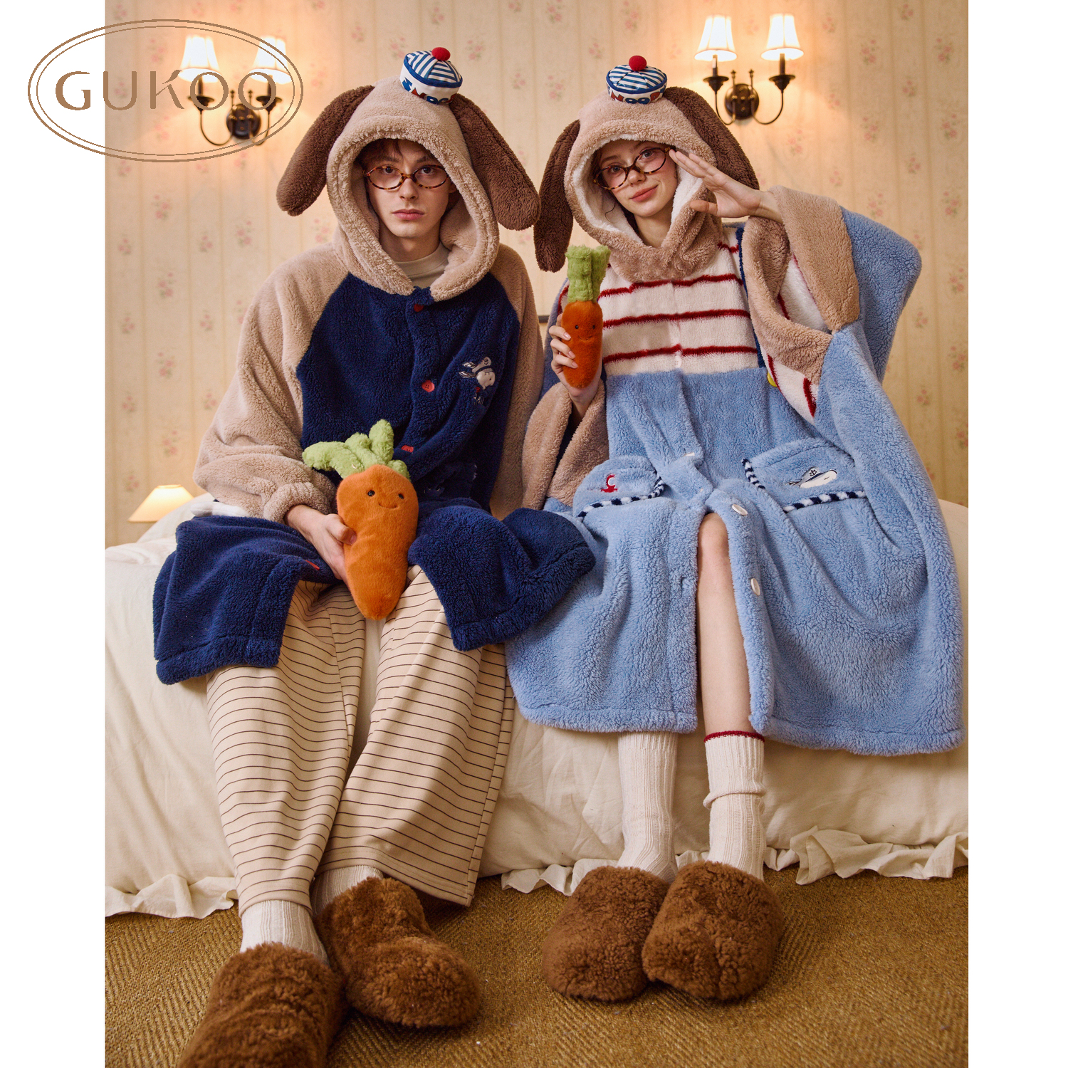 Gukoo/果壳情侣睡袍冬季珊瑚绒保暖新款史努比联名女家居服睡袍D - 图1