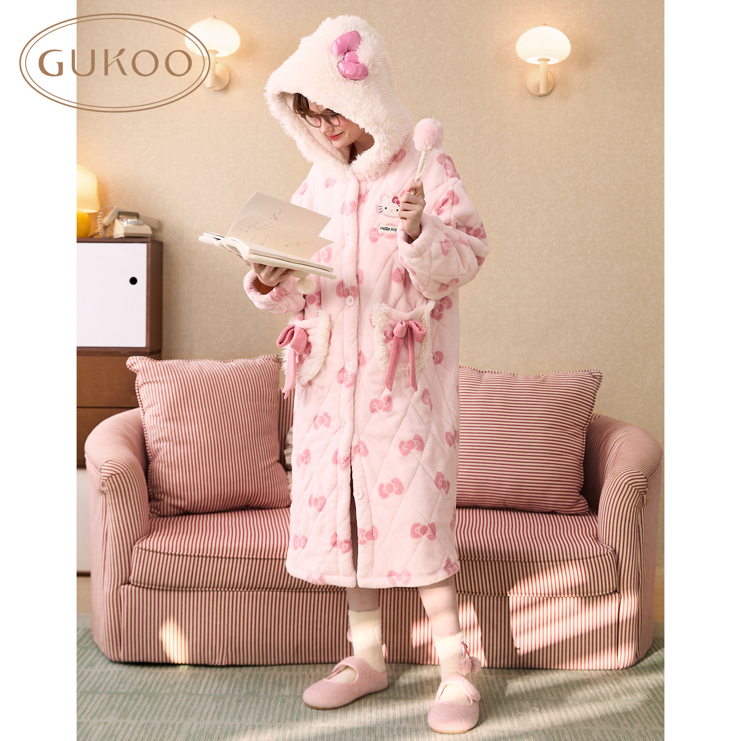 Gukoo/果壳睡袍冬季HelloKitty联名新款夹棉保暖女士家居服睡袍D,淘宝优惠券,粉丝福利购,淘宝优惠卷