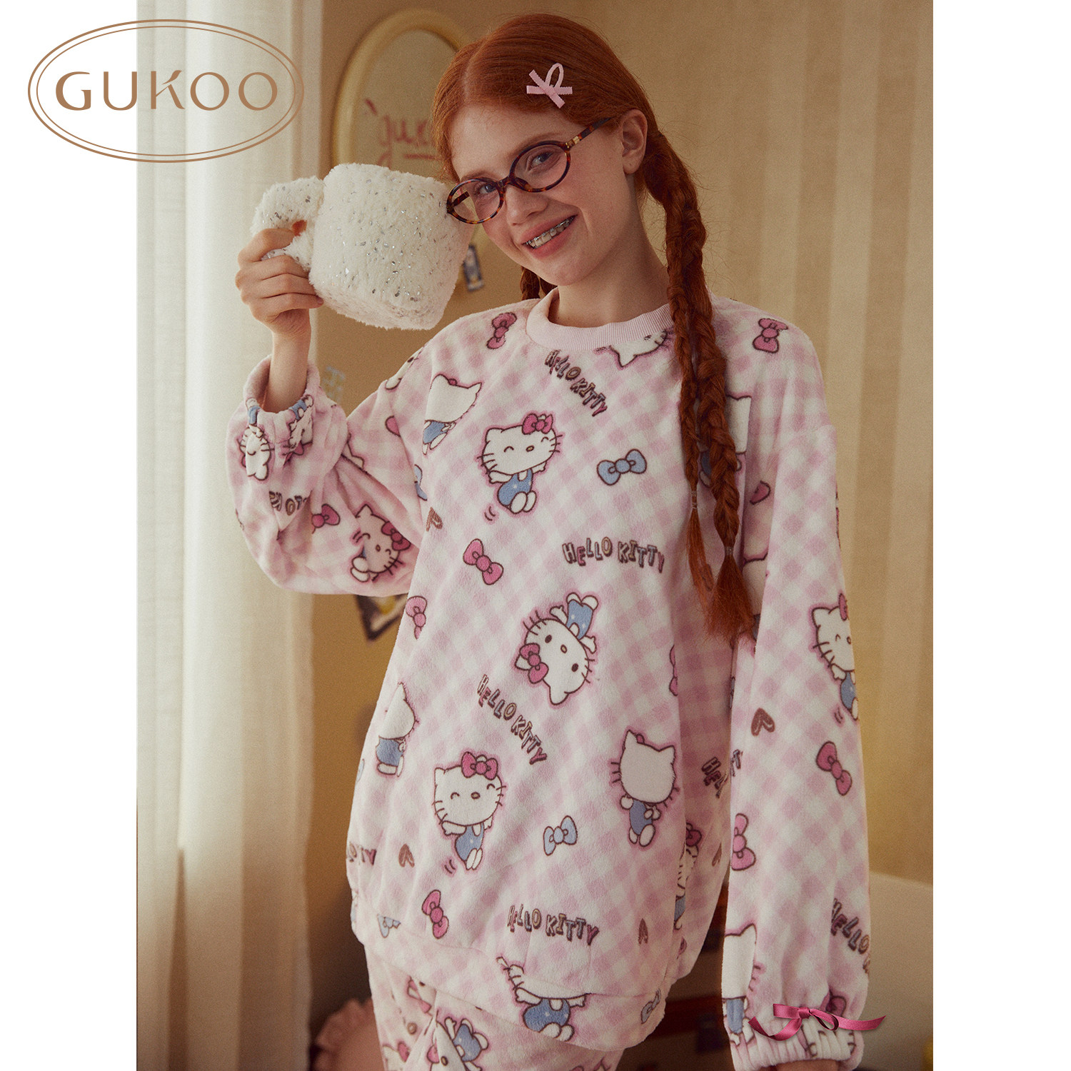 Gukoo/果壳睡衣冬季HelloKitty联名新款甜美保暖女士家居服套装D,淘宝优惠券,粉丝福利购,淘宝优惠卷