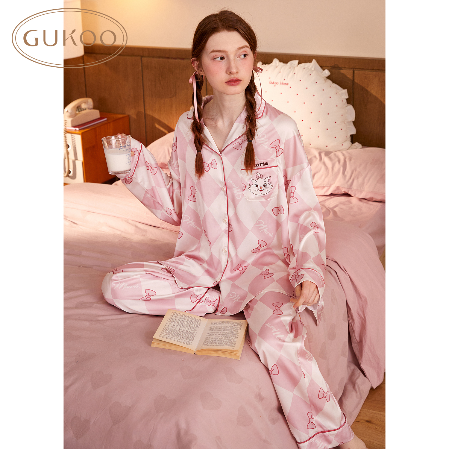 Gukoo/果壳睡衣女春秋款玛丽猫新款翻领冰丝女士家居服套装C - 图0