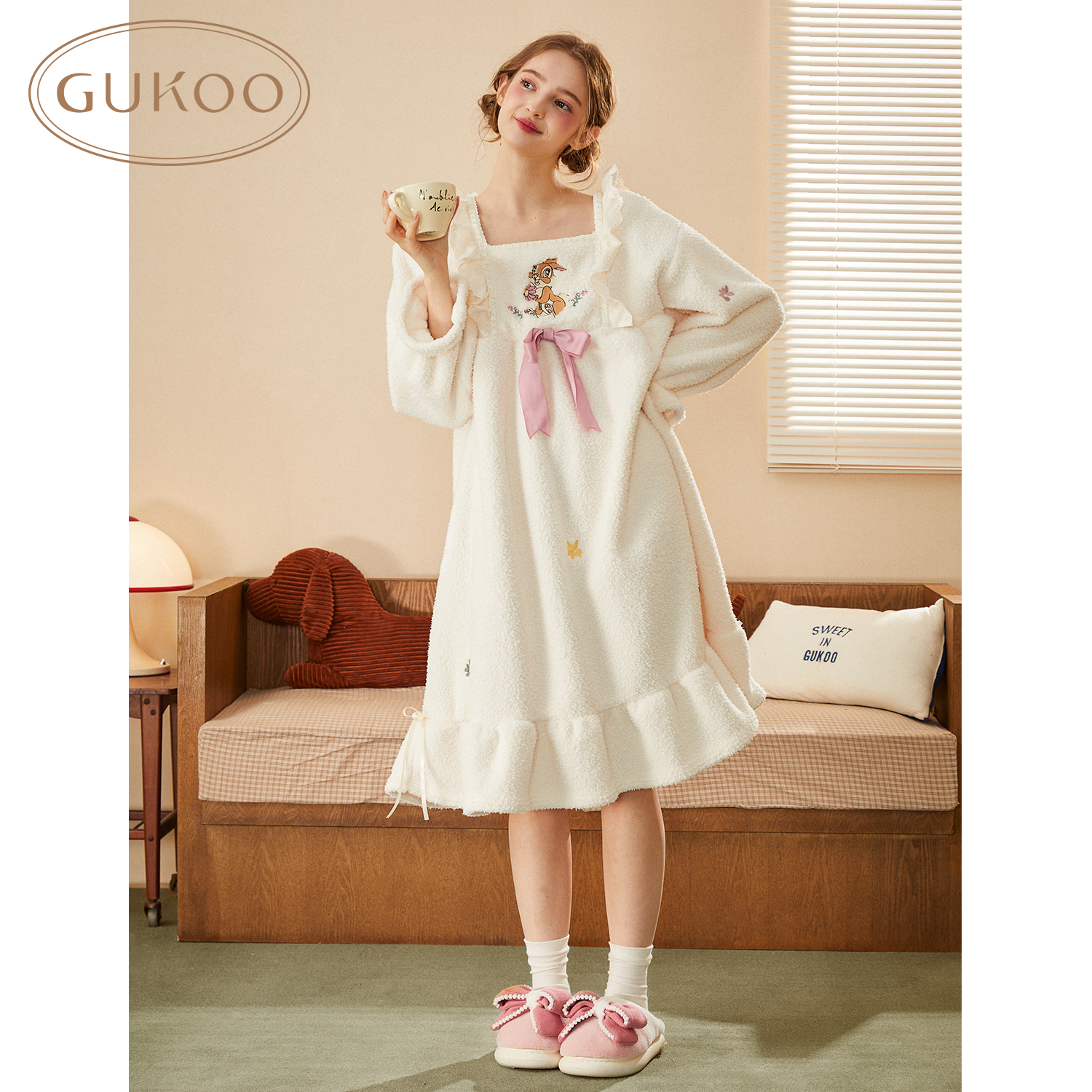 Gukoo/果壳睡裙女小鹿斑比联名冬季新款加绒甜美女士家居服睡裙D-图2