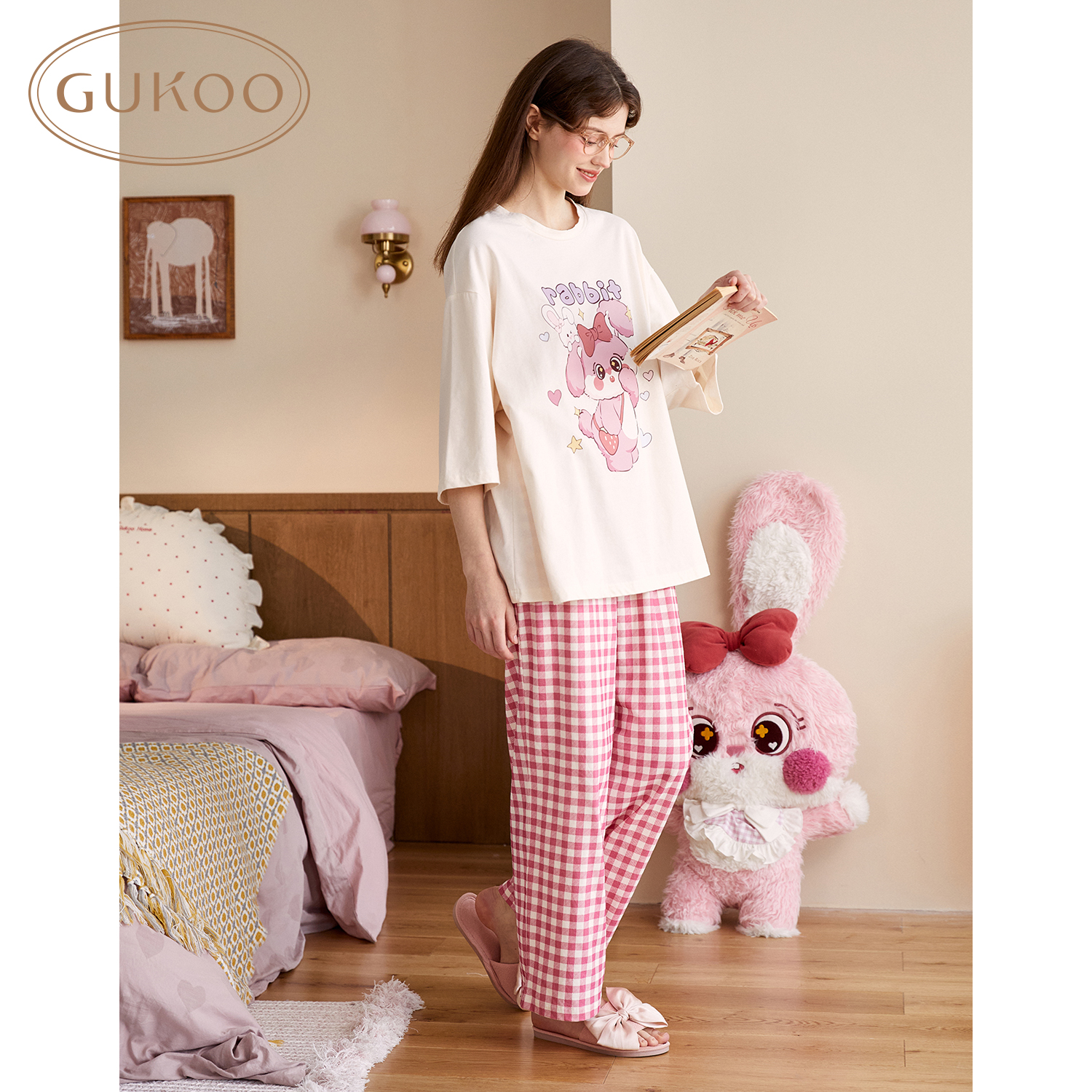 Gukoo/果壳睡衣女春秋款兔子印花新款可爱女士薄款家居服套装B