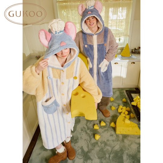 Gukoo/果壳情侣睡袍冬季珊瑚绒保暖新款料理鼠王联名家居服睡袍D