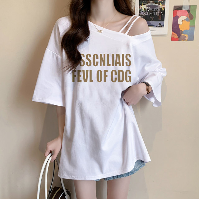 Summer pure cotton ເສື້ອຍືດແຂນສັ້ນສໍາລັບແມ່ຍິງ 2024 hot style loose lazy style niche design slanted shoulder half-sleeved top ins