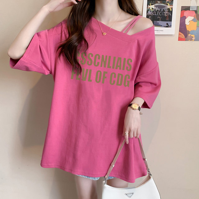 Summer pure cotton ເສື້ອຍືດແຂນສັ້ນສໍາລັບແມ່ຍິງ 2024 hot style loose lazy style niche design slanted shoulder half-sleeved top ins
