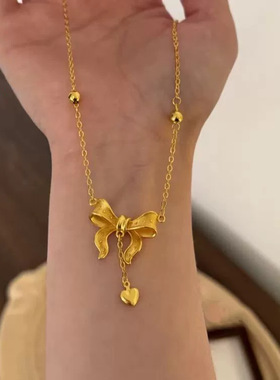 古法沙金在逃公主蝴蝶结项链女长款爱心流苏吊坠黄金色锁骨链饰品