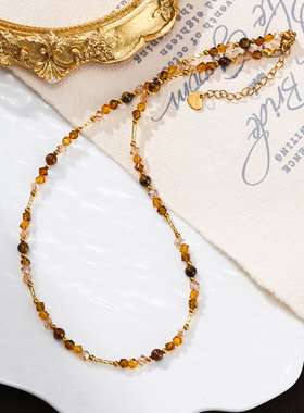 珞石茶晶虎眼串珠锁骨链女款新款
