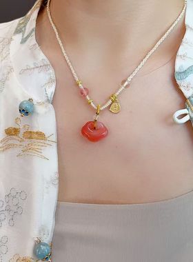 新中式粉色桃花玉祥云项链女款