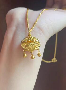 中国风福字平安如意锁钛钢项链女长命锁电镀真金保色民族风锁骨链