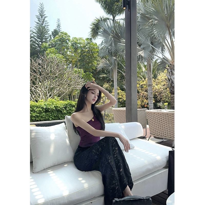 夏媛原创 美的放肆 斜肩金扣针织上衣女 2025夏季新款修身露肩,淘宝优惠券,粉丝福利购,淘宝优惠卷