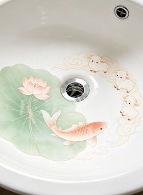 鲤鱼戏莲喜气洋洋装饰美化洗手池洗手盆贴纸自粘防水遮丑遮痕贴画