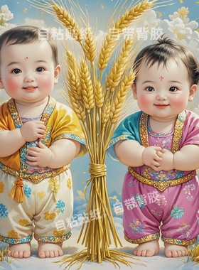 中国风年画娃娃五谷丰登丰收贴纸可爱福娃防水遮瑕门窗墙上自贴画