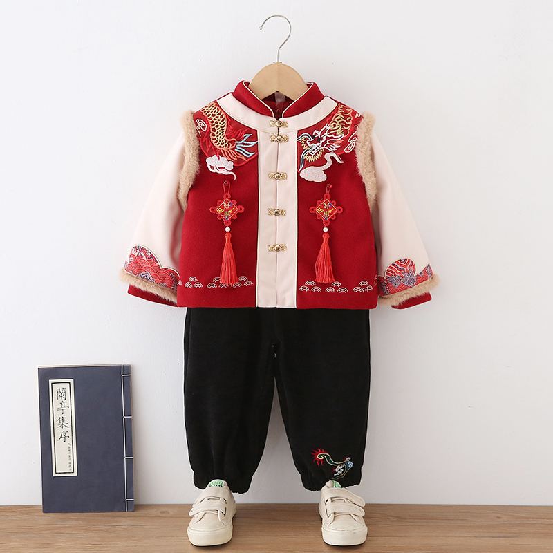 儿童龙年喜庆国风拜年衣服男童汉服冬季宝宝加厚唐装男孩高端古装