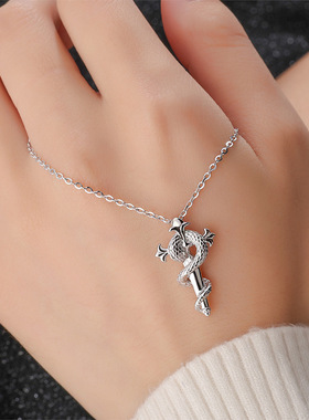 足银白金色灵蛇权杖项链纯银小蛇生肖蛇本命年十字架吊坠女项链
