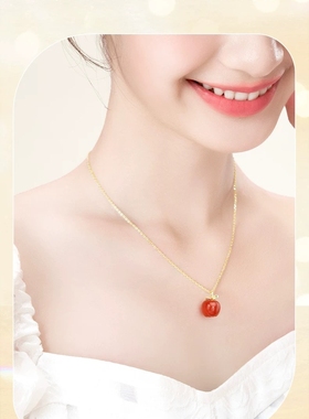 999足银红色玛瑙苹果吊坠项链女款纯银轻奢平安果吊坠项链锁骨链