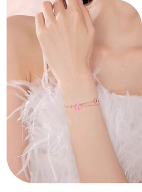 925纯银玫瑰金色粉色少女心幸运四叶草手链女时尚轻奢甜美礼物