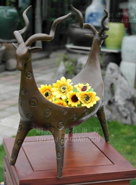 铜雕塑羚羊花盆客厅摆件怀旧复古
