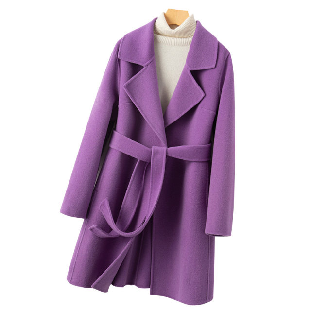 Mid-length double-sided woolen lace-up ultra-slim cashmere coat
