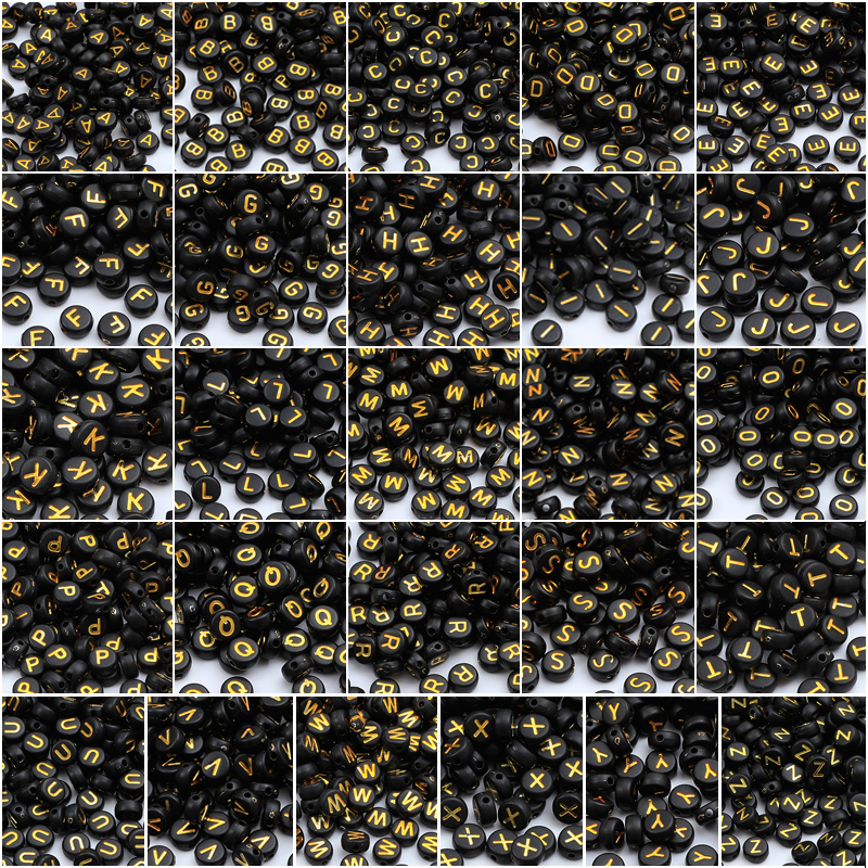 50颗4x7mm扁珠黑加金英文单字母复古散珠diy手工串珠饰品配件手链 - 图0