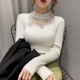 Кружевной демисезонный однотонный свитер, приятный телу трикотажный лонгслив, высокий воротник, в западном стиле