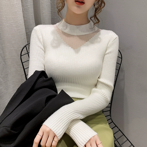 Кружевной демисезонный однотонный свитер, приятный телу трикотажный лонгслив, высокий воротник, в западном стиле