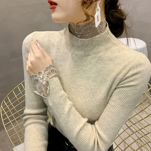 Демисезонный кружевной цветной трикотажный приятный телу свитер, высокий воротник, в западном стиле