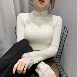 Кружевной трикотажный приятный телу свитер, высокий воротник, по фигуре