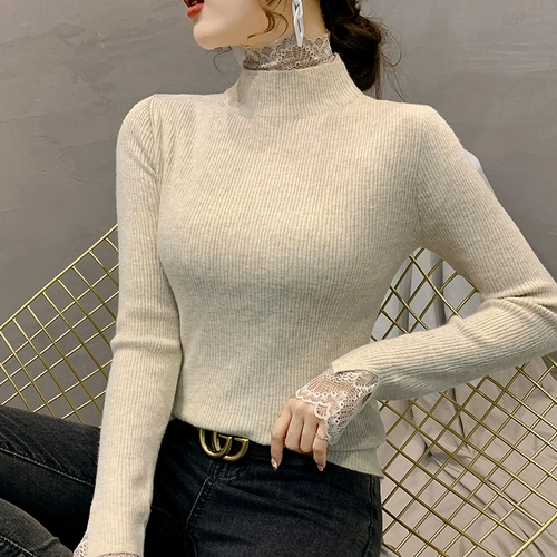 Демисезонный кружевной цветной трикотажный приятный телу свитер, высокий воротник, в западном стиле