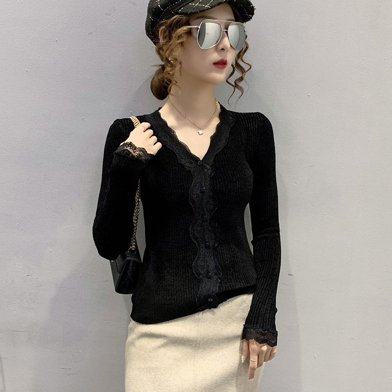 蕾丝花边V领新款天鹅绒开衫毛衣女士洋气修身打底衫秋冬针织上衣,淘宝优惠券,粉丝福利购,淘宝优惠卷