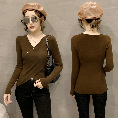 Дизайнерский трикотажный приятный телу свитер, осенний, тренд сезона, V-образный вырез, в корейском стиле