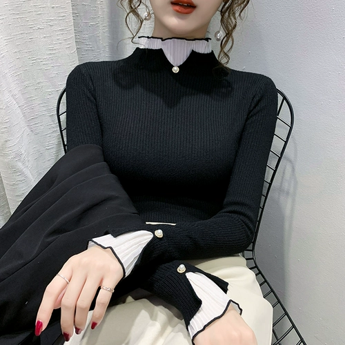 Демисезонный шифоновый трикотажный свитер, 2023, высокий воротник, по фигуре