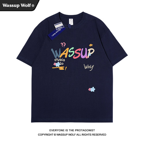 Wassup Wolf美式复古趣味彩色短袖T恤男夏季纯棉百搭情侣潮牌上衣 - 图1