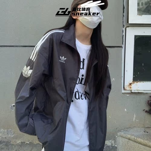 阿迪达斯三叶草男女复古风梭织透气三条纹立领夹克外套JI7533 - 图0