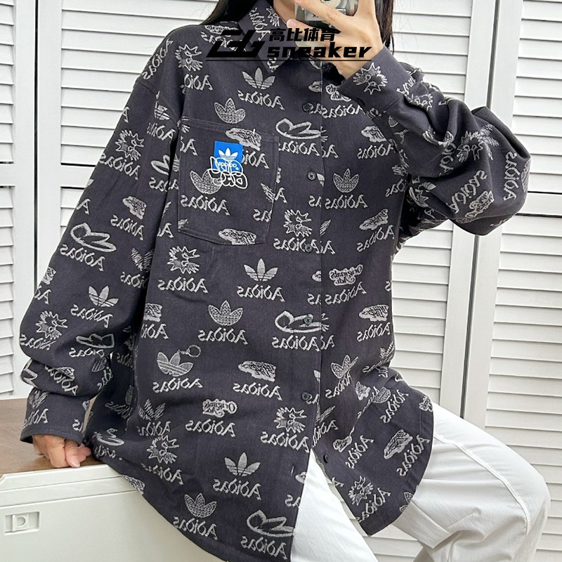 Adidas三叶草男女满印logo翻领宽松运动长袖衬衫外套JN1662,淘宝优惠券,粉丝福利购,淘宝优惠卷