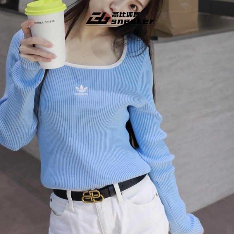 阿迪达斯三叶草宋茜同款女修身方领针织长袖T恤上衣打底衫JM8054,淘宝优惠券,粉丝福利购,淘宝优惠卷