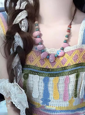 复古民族风彩色陶瓷串珠项链女