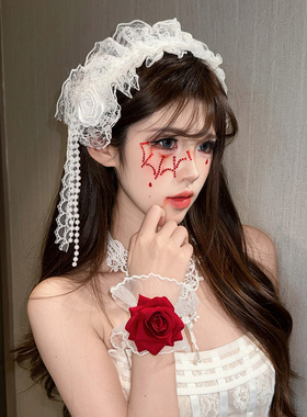 万圣节白色蕾丝玫瑰流苏发带女
