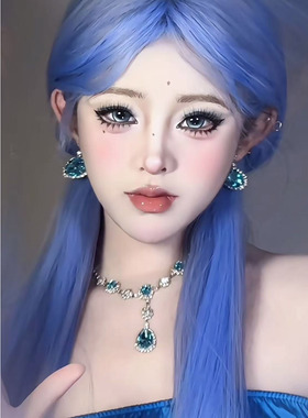 蓝色清冷感水滴锆石项链耳环女