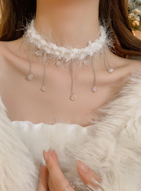 秋冬毛绒choker白色项圈