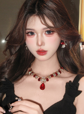 高级感重工复古红水晶项链女