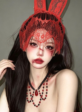 万圣节哥特风红色水滴串珠流苏项链甜酷夸张锁骨链女暗黑风颈链