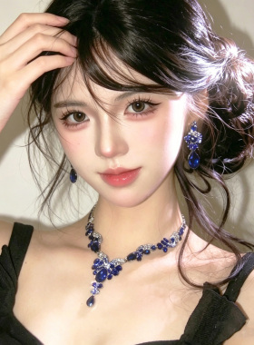 复古宝蓝色水滴镶钻项链耳环女