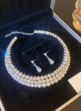 夸张轻奢小众仿珍珠水钻项链耳钉