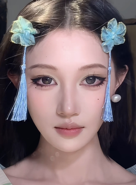 新中式复古蓝色花朵流苏发夹