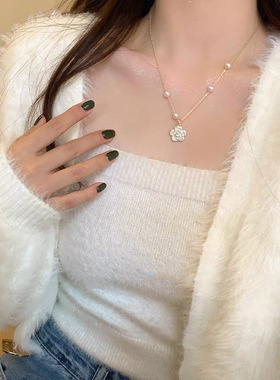 气质温柔山茶花珍珠流苏项链女