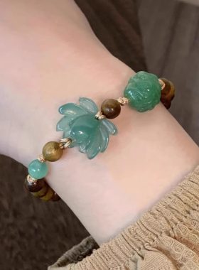 新中式绿色莲花串珠手链女